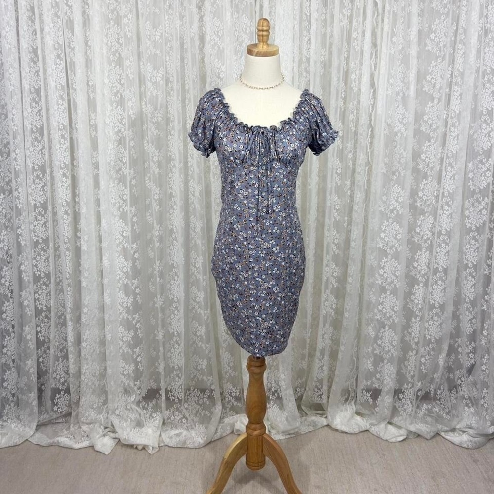 Y2K Misty Rose‎ Blue Floral Bodycon Dress Puff Sleeves Women's L Coquette NWT